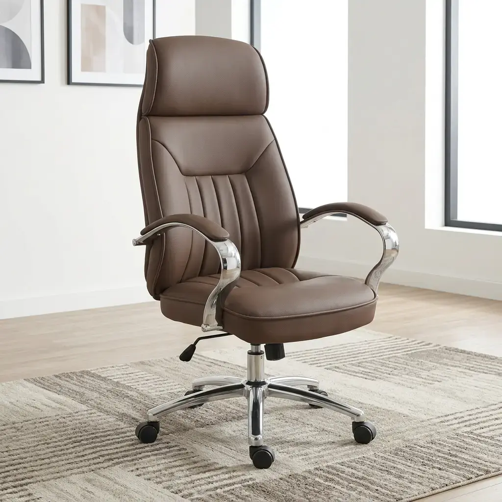 Swivel Executive office Chair featuring high-back taupe brown leather vertical channeled cushions, cushioned chrome armrests, and a polished five-star wheeled base.
