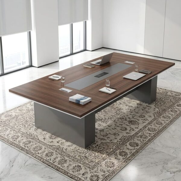 3m Modern Conference Table with walnut wood finish and integrated center power data hub in a bright corporate office boardroom setting