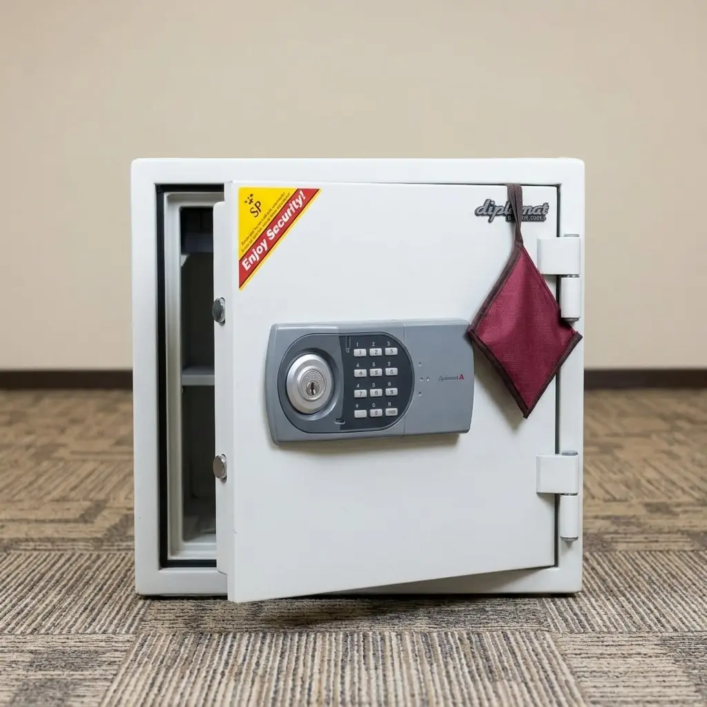 White Diplomat 31kg Fireproof Safe with an electronic digital keypad resting securely on a textured grey office carpet.