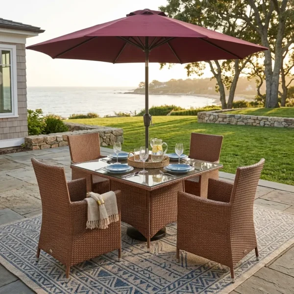 Four-seater Brown Rattan Outdoor Dining Set with a glass-top table and a red umbrella on a stone patio overlooking the ocean.