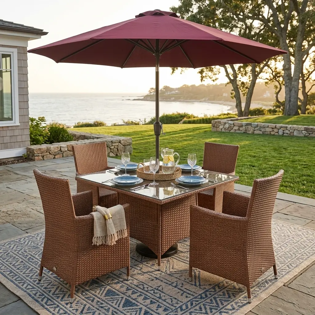 Four-seater Brown Rattan Outdoor Dining Set with a glass-top table and a red umbrella on a stone patio overlooking the ocean.