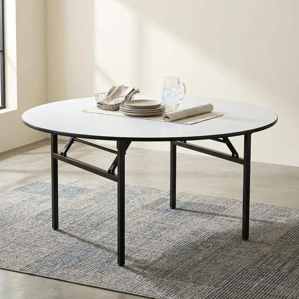 White 1.5m Round Office Meeting Table with black folding metal legs surrounded by blue upholstered chairs on a grey rug.