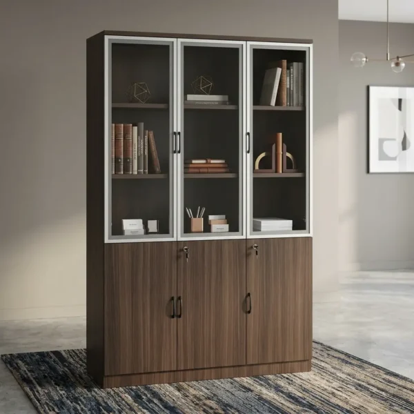 Modern 3-Door Office Filing Cabinet with upper glass display doors and lower locked wooden cabinets against a beige office wall.