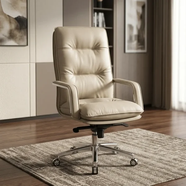 Premium Swivel Executive Chair featuring high-back cream leather channeled cushions, padded armrests, and a polished chrome five-star wheeled base.