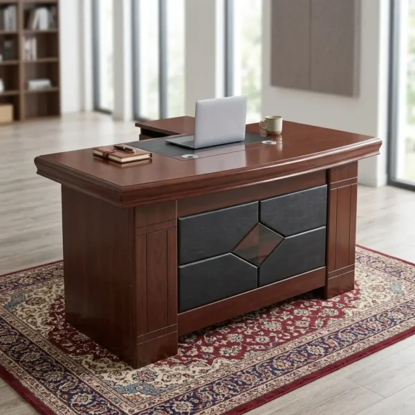 1.8m Walnut Executive Table with a rich dark wood finish, an integrated black leather writing inlay, and a geometric diamond-pattern front modesty panel.