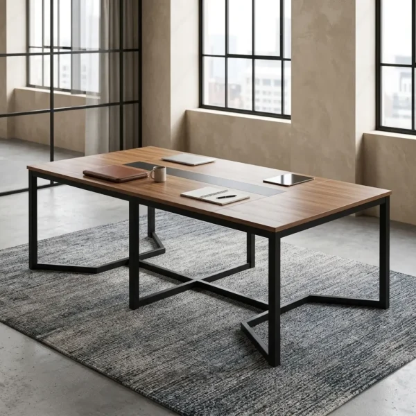 2.4M Executive Conference table in a warm oak wood grain finish featuring a charcoal gray center accent strip and a geometric matte black steel frame.