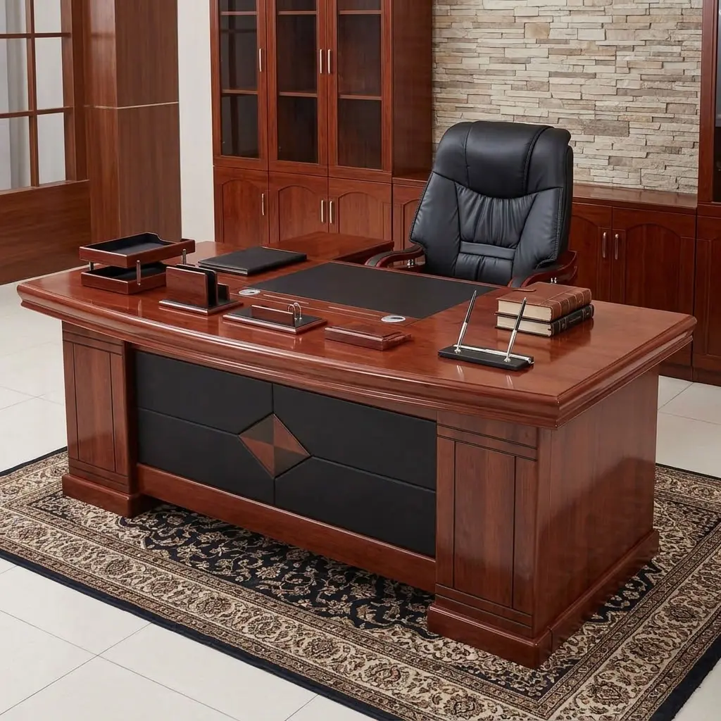2m Executive Wooden Desk in premium cherry finish with a black leather writing inlay and geometric modesty panel.
