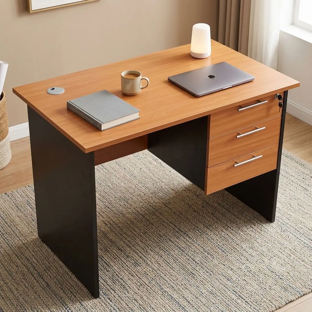 Mid-century inspired 1.4m Executive Wooden Desk featuring a cherry top, charcoal legs, and locking drawers on a grey woven carpet.